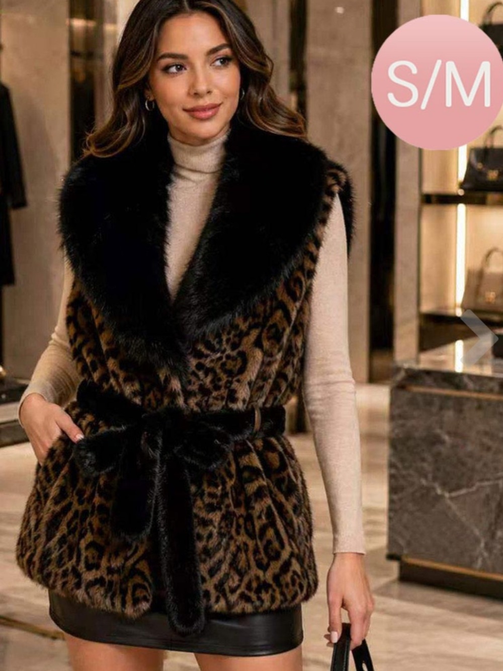 Leopard Faux Fur Vest with Black Trim - S/M
